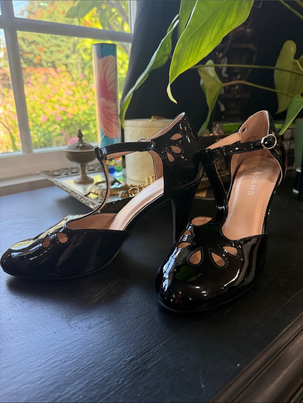 J Adams Glossy Black T-Strap Cutout Patent Heels NIB